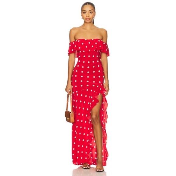MAJORELLE Dresses & Skirts - Majorelle Deanna Cherry Red Polka Dot Ruffle Girly Resort Party Gown NWT S